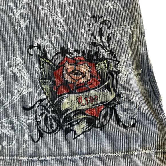 One World Sz L Vtg Y2K Grunge Rose Graphic Print Henley Top 3/4 Grey Distressed - Picture 9 of 16
